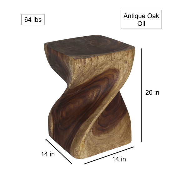Haussmann Big Twist Pedestal Table, Antique Oak, 14 x 14 x 20 in H, dimensions