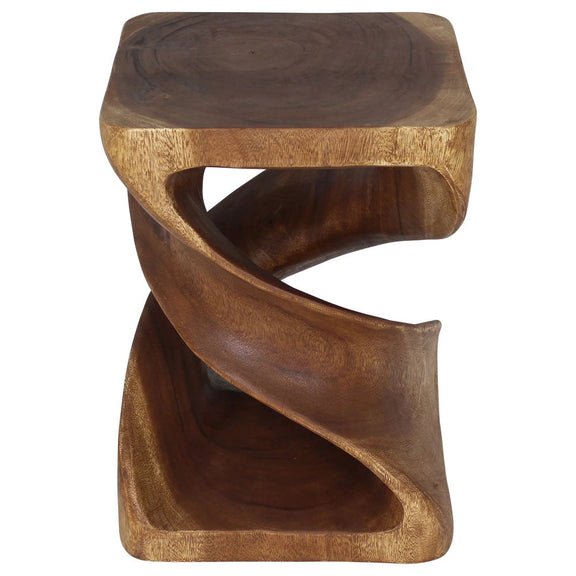 Second white-background angle of the 15 x 15 x 20-inch Double Twist walnut end table showing its carved spirals