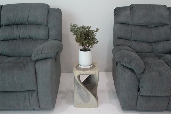 Agate Grey Original Twist hand-carved wood end table, 10 x 10 x 16 inches, in a furnished room