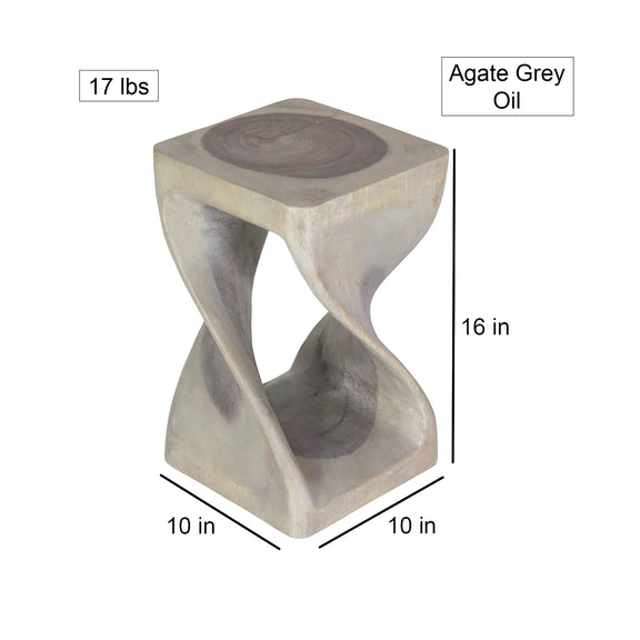 Size diagram of Agate Grey Original Twist hand-carved wood end table, 10 x 10 x 16 inches