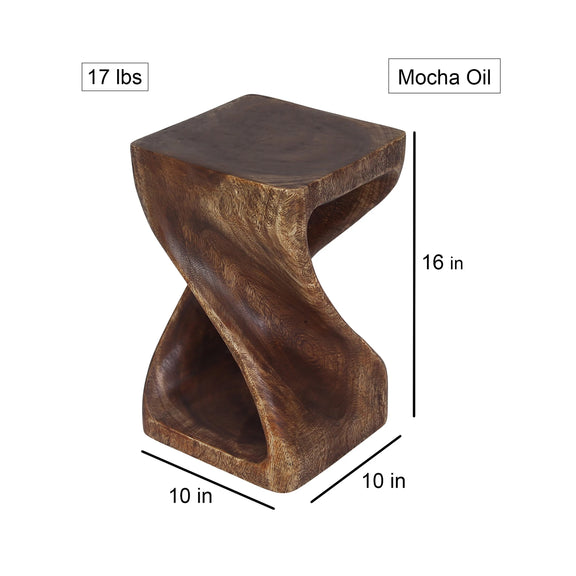 Size diagram of Mocha Original Twist hand-carved wood end table, 10 x 10 x 16 inches