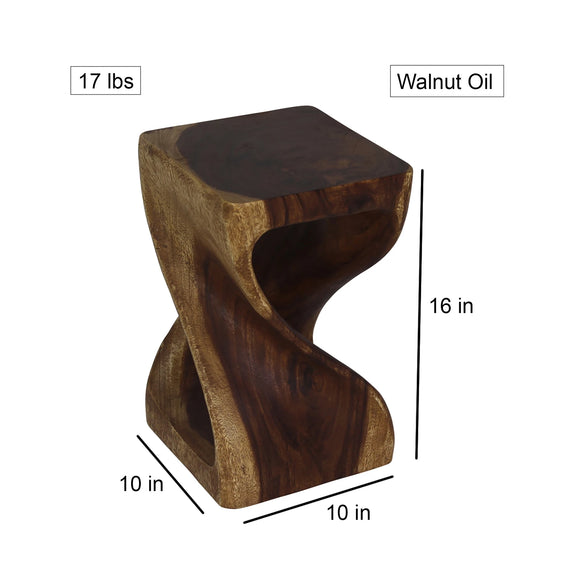 Size diagram of Walnut Original Twist hand-carved wood end table, 10 x 10 x 16 inches