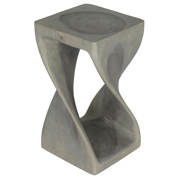 Agate Grey Original Twist hand-carved wood end table, 10 x 10 x 18 inches, second angle showing the carved twist