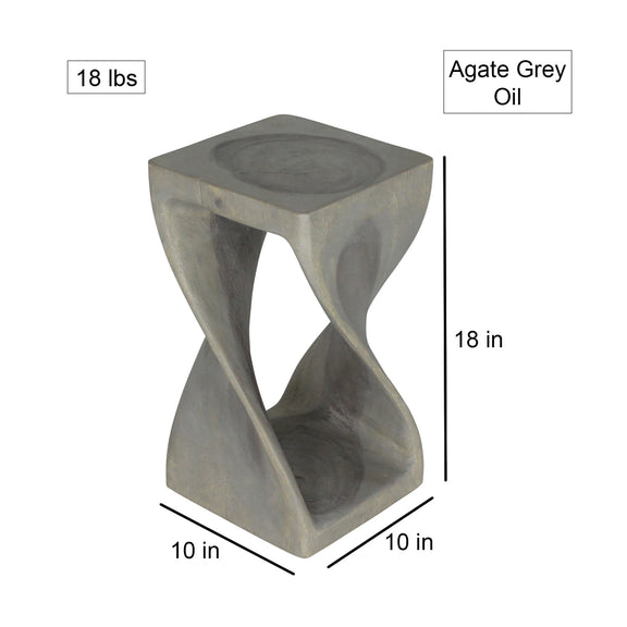 Size diagram of Agate Grey Original Twist hand-carved wood end table, 10 x 10 x 18 inches