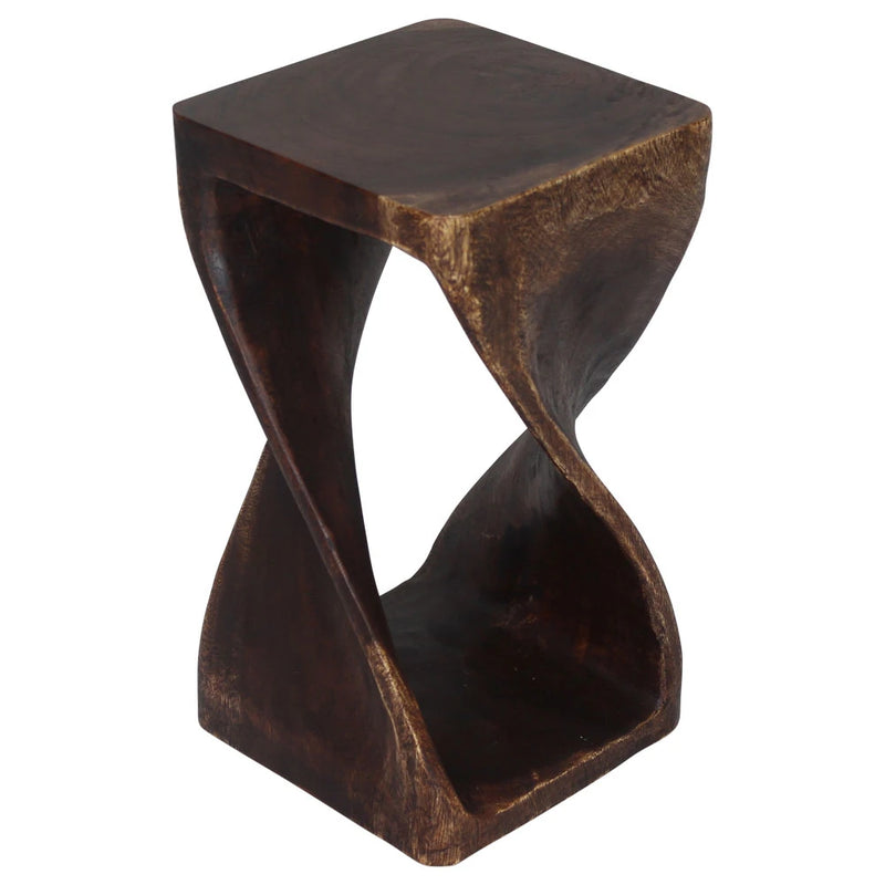 Mocha Original Twist hand-carved wood end table, 10 x 10 x 18 inches, second angle showing the carved twist