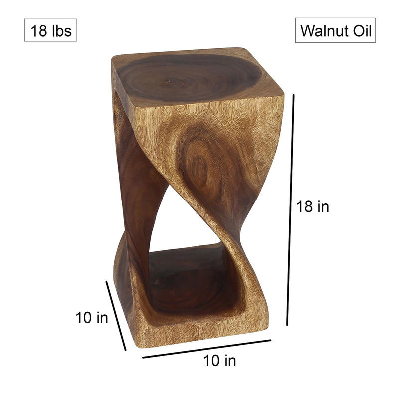 Size diagram of Walnut Original Twist hand-carved wood end table, 10 x 10 x 18 inches
