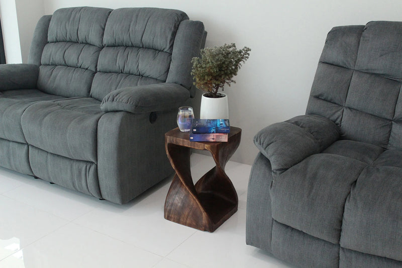 Mocha Original Twist hand-carved wood end table, 12 x 12 x 18 inches, in a furnished room