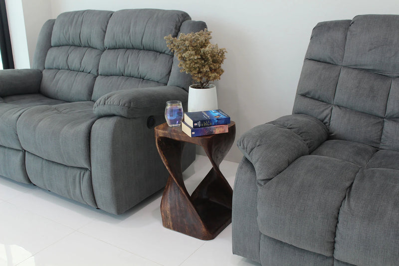 Mocha Original Twist hand-carved wood end table, 12 x 12 x 20 inches, in a furnished room