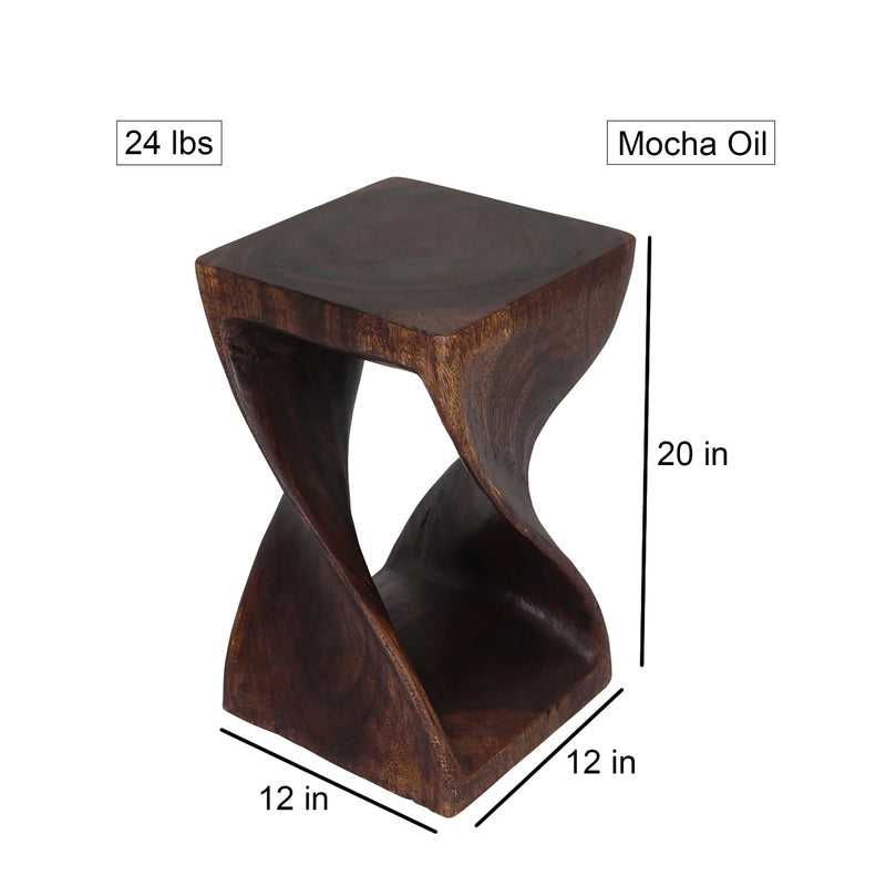 Size diagram of Mocha Original Twist hand-carved wood end table, 12 x 12 x 20 inches