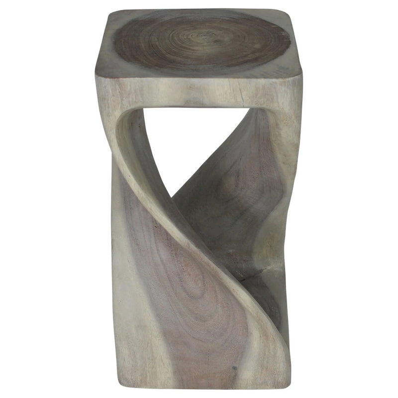 Agate Grey Original Twist hand-carved wood end table, 12 x 12 x 23 inches, second angle showing the carved twist