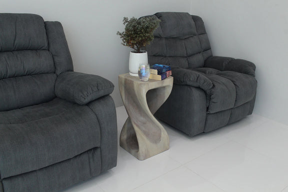 Agate Grey Original Twist hand-carved wood end table, 12 x 12 x 23 inches, in a furnished room