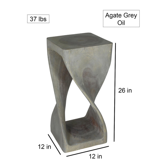 Size diagram of Agate Grey Original Twist hand-carved wood end table, 12 x 12 x 26 inches